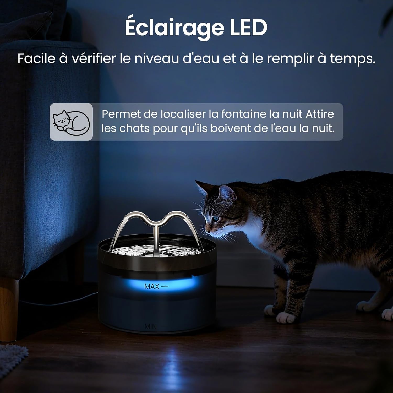 Fontaine a Eau Chat 2.1L, Fontaine À Eau Chat Avec Lampe À LED Et Pompe Ultra-Silencieuse, Distributeur Fontaine a Eau Pour Chien, 3 Filtres & 3 Éponges Inclus