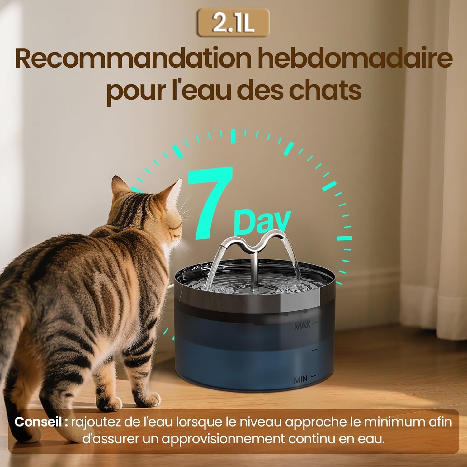 Fontaine a Eau Chat 2.1L, Fontaine À Eau Chat Avec Lampe À LED Et Pompe Ultra-Silencieuse, Distributeur Fontaine a Eau Pour Chien, 3 Filtres & 3 Éponges Inclus